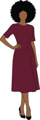 Confident woman in burgundy dress, fashion illustration, stylish pose, afro hairstyle, vector character design, elegant outfit, modern style