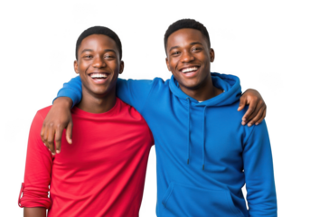 Two smiling young men with arms around each other isolated on transparent background