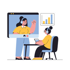 Flat vector of a remote meeting screen with a presenter and a small bar chart. Ideal for digital workplace, virtual work, and online collaboration visuals