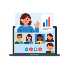 Flat vector of a remote meeting screen with a presenter and a small bar chart. Ideal for digital workplace, virtual work, and online collaboration visuals