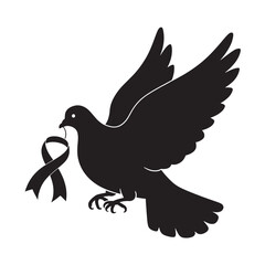 Obraz premium Black dove with awareness ribbon in beak, symbol for peace and support, minimalist vector icon