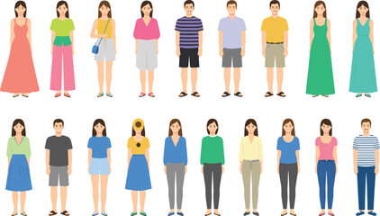 Fashion character lineup illustration, diverse outfit styles, casual and formal clothing mix, vector art, demographic design concept