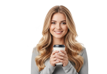 Smiling woman holding a disposable coffee cup isolated on transparent background