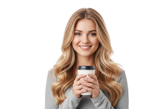 Smiling woman holding a disposable coffee cup isolated on transparent background - Powered by Adobe
