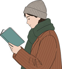 Person reading book illustration, cozy winter outfit, leisure activity concept, vector art, calm moment design, literary theme