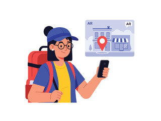 Flat modern vector of woman using AR charts for local business insights. Rounded style, solid colors, no gradient. Ideal for marketing, tech, and location-based services