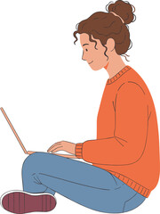 Person using laptop illustration, cross-legged casual pose, remote work concept, cozy tech lifestyle, vector art, modern digital activity