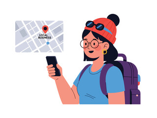 Flat modern vector of woman using AR charts for local business insights. Rounded style, solid colors, no gradient. Ideal for marketing, tech, and location-based services