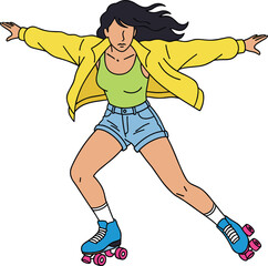 Roller skating character illustration, dynamic motion pose, active lifestyle design, retro outfit, vector art, fun sport concept