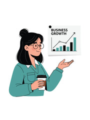 Flat modern vector portrait of woman with coffee reviewing small growth chart. Solid colors, no gradient. Ideal for productivity, analysis, and small business content
