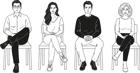 Seated character line drawing illustration, posture and fashion sketch, black and white vector art, stylized design, minimal concept