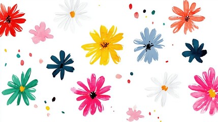 cute style watercolor daisies, simple shapes, uneven hand-drawn lines, bright cheerful colors, minimalistic childish charm