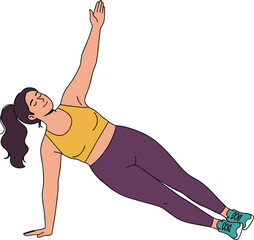 Side plank exercise illustration, fitness pose, core workout form, athletic character design, vector art, active lifestyle, gym training concept