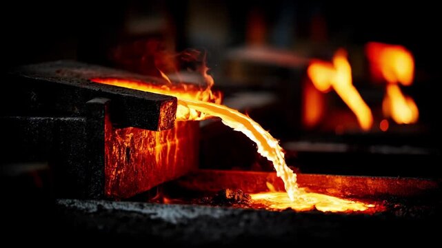Medium shot of molten iron being poured into a detailed ferrous casting mold highlighting the hightemperature industrial process and metal flow dynamics.