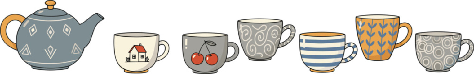 Teacup and teapot illustration, ceramic kitchenware design, cozy beverage set, artistic mug collection, vector home decor, warm drink concept
