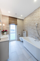 Bright Elegant Modern Luxury Scandinavian Bathroom Interior Design of Shower. LED Lights. Shower Room. 