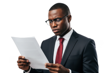 Businessman wearing glasses intently studying a document isolated on transparent background