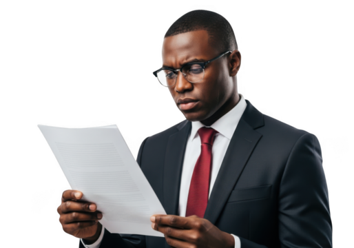 Businessman wearing glasses intently studying a document isolated on transparent background - Powered by Adobe