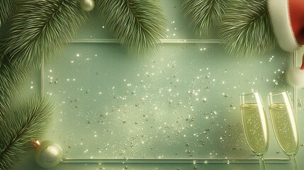 top-view glamorous layout, fine premium glitter background, glossy palm leaves, santa hats, champagne glasses. Tropical Christmas party concept. Ad card