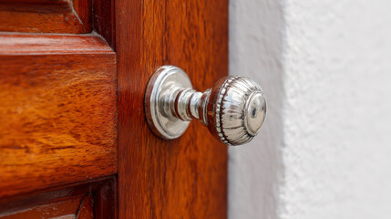 Obraz premium “A close-up of a silver handle knob on a wooden door set against a clean white wall, showcasing a simple and modern interior detail.”
