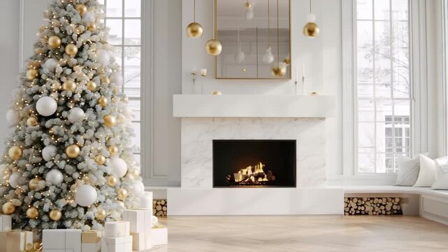 Christmas tree with white and gold ornaments next to fireplace in warm, modern, minimalist cozy home