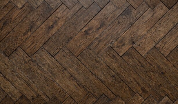 Dark brown smoked oak parquet flooring laid in a classic herringbone pattern, featuring rich wood grain and deep, luxurious tones for upscale interiors.