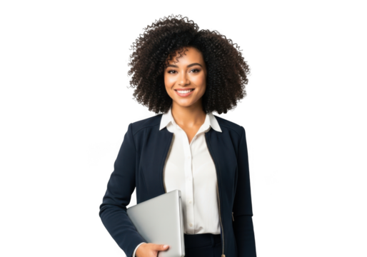 Smiling businesswoman holding a laptop isolated on transparent background - Powered by Adobe