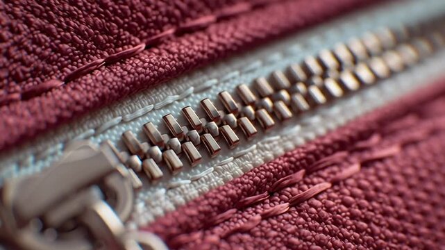 A zipper is shown in a close up of a red purse. The zipper is silver and is attached to the purse