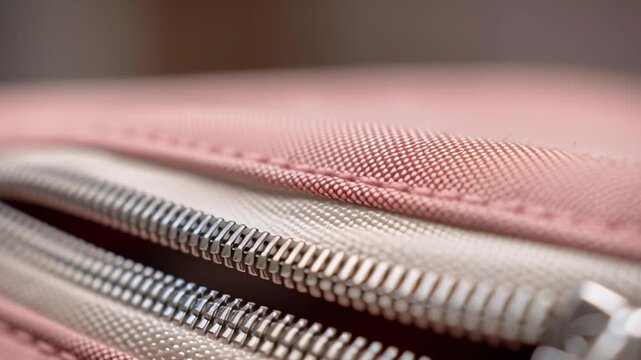 A zipper is shown on a pink and tan fabric. The zipper is silver and is attached to the fabric