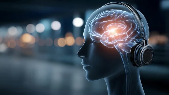 High tech visualization shows translucent human head with glowing brain, headphones, representing fusion AI, neuroscience, audio technology. Highlights innovation in brain computer interfaces