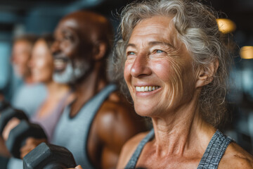 Group of elderly people exercising with dumbbells in a gym during a fitness class