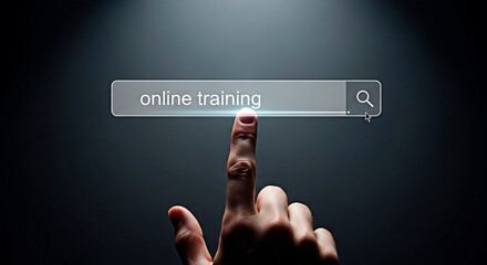 Online Training concept showing a finger pointing towards a search bar for educational development.
