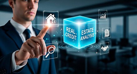 Real estate concept with Businessman interacting touch screen interface for a futuristic business idea.