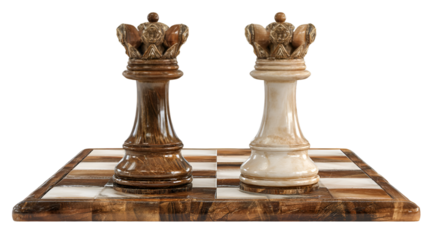 Wooden Chess Pieces on Chessboard Isolated on White Background

