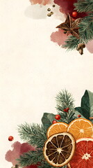 Watercolor Christmas floral background with pine branches, dried oranges and berries