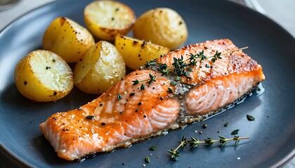 Glazed Salmon with Yellow Potatoes &ndash; Gourmet Plated Dish with Fresh Herbs on Dark Blue Plate