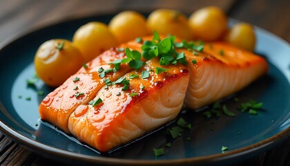 Glazed Salmon with Yellow Potatoes &ndash; Gourmet Plated Dish with Fresh Herbs on Dark Blue Plate