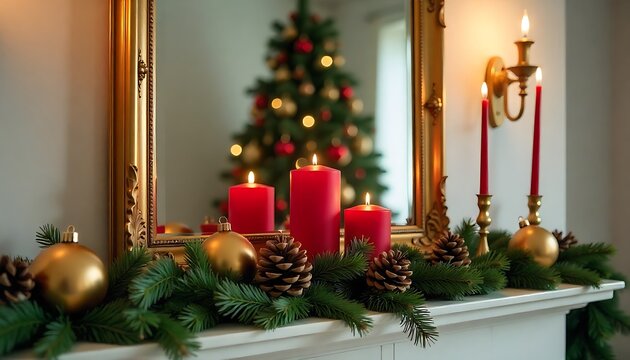 Red Candles and Pine Garland on White Mantel – Traditional Christmas Decor with Gold Mirror and Ornaments - Powered by Adobe