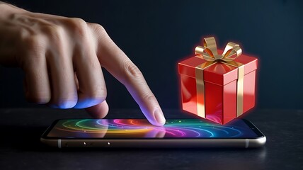 Digital Rewards App Concept &ndash; Hand Touching Smartphone with Floating Red Gift Box and Gradient Screen