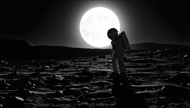 The black and white silhouette of an astronaut on the lunar surface is an exploration and romance of space. Suitable for posters, educational courses and merch. Vector graphics. EPS.
