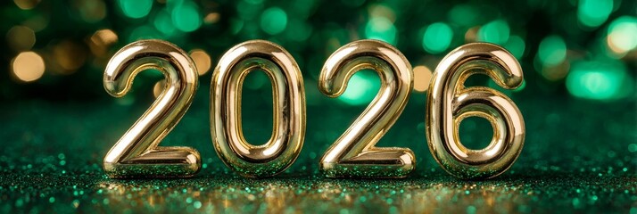 Bright glossy numbers 2026 on a sparkling green background with a bokeh effect
