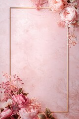 Premium background of powder-pink colour with golden thin frame in center and blossom flowers in corners