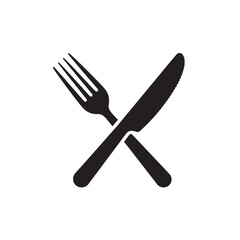 Dining and restaurant symbol with crossed knife and fork, flat black icon