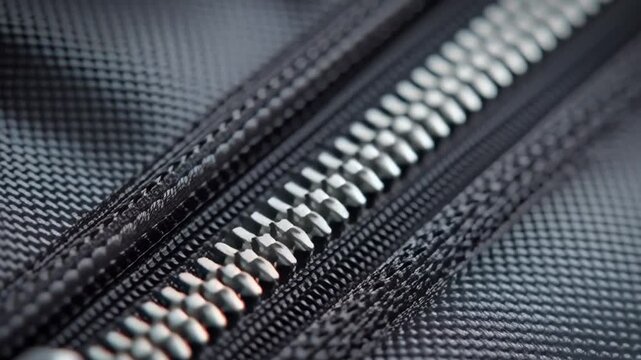 A zipper is shown in a close up of a black fabric. The zipper is silver and has a black handle