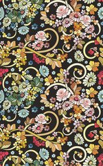 Vector floral seamless ornamental hohloma wallpaper with flowers and berries in Slavic style. Great for cards, fabric, textile, paper, background, decor. Traditional Eastern and Oriental folk motifs.