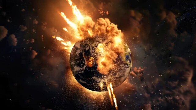 Planet Earth exploding from nuclear blast. Explosion of atomic bomb. Apocalypse, world war