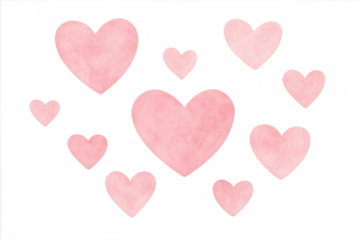 Pink watercolor hearts doodle on transparent background