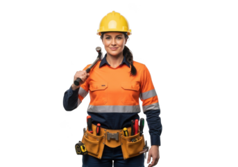 A skilled female construction worker wearing a yellow hard hat and orange hi vis shirt holding a wrench isolated on transparent background