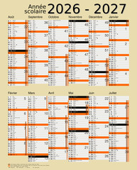 Calendrier scolaire 2026-2027, calques, vacances scolaires, Saints, 12 mois