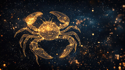 Cancer zodiac constellation in minimal line art style, thin golden lines forming crab shape on dark background, modern mystical astrology design with celestial elements and copy space for text